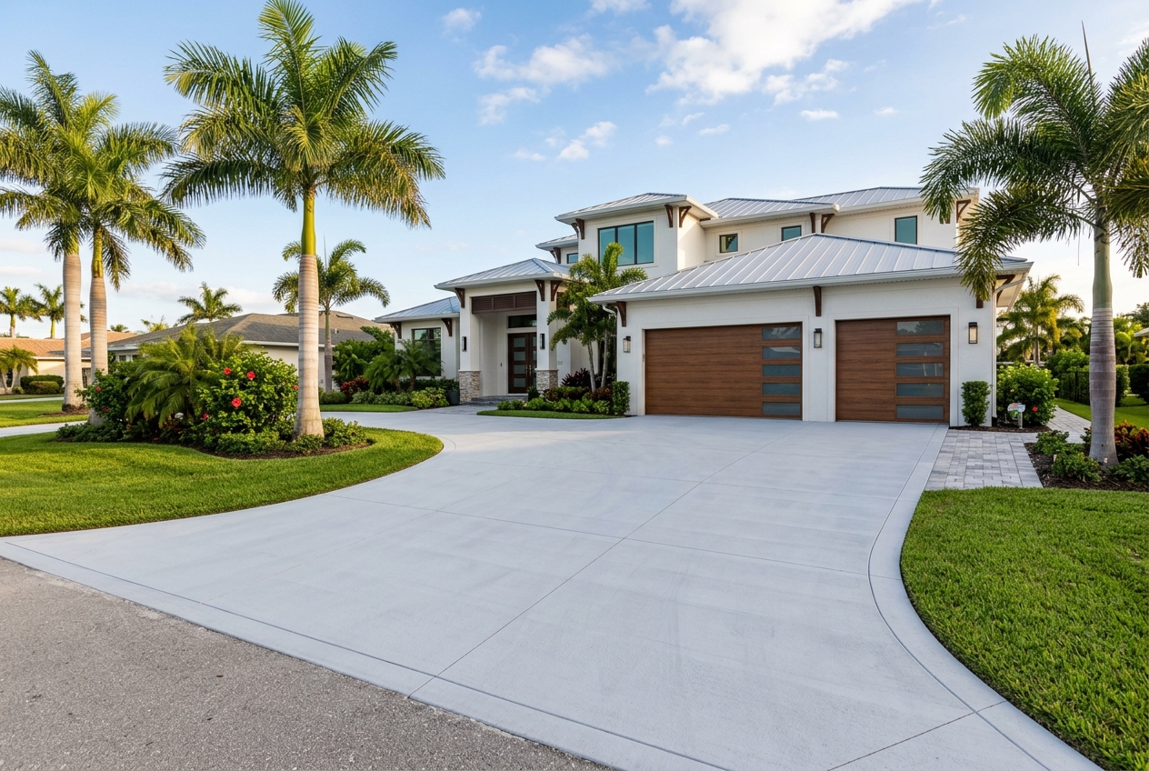 Finished concrete driveway for a Cape Coral home with clean control joints