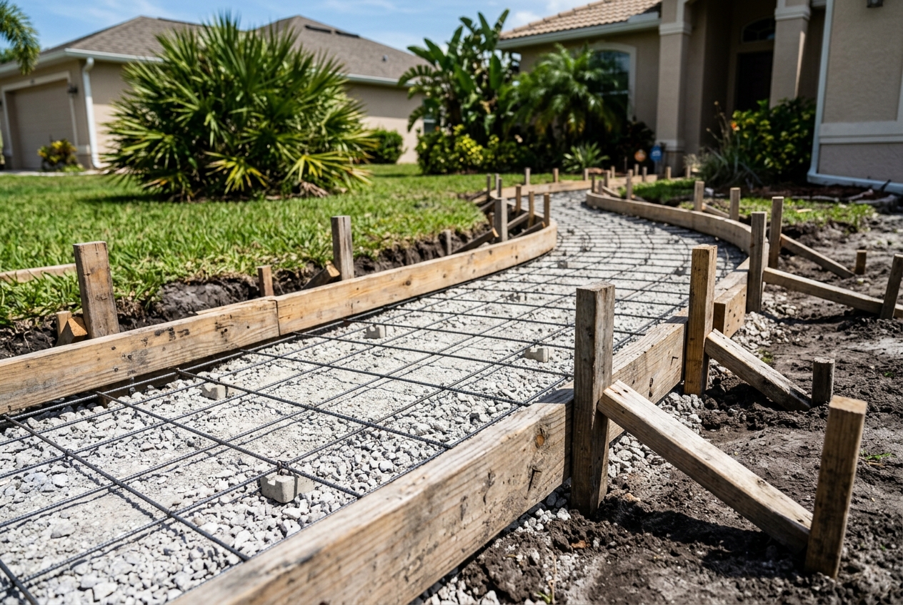 base preparation and forms for a Cape Coral concrete sidewalk