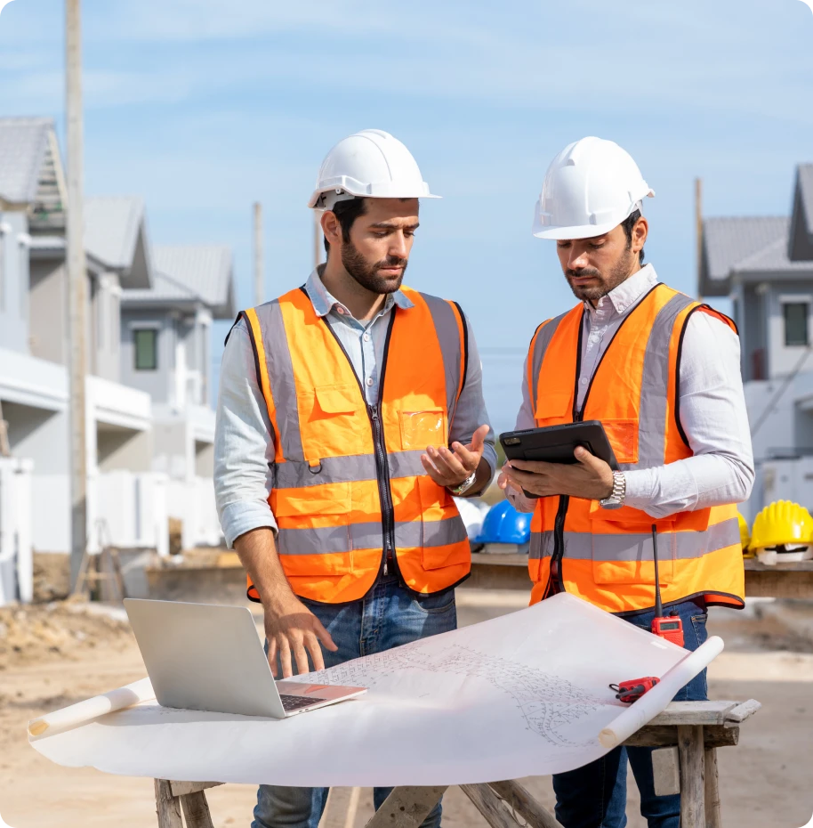 Construction professionals reviewing plans and schedule information