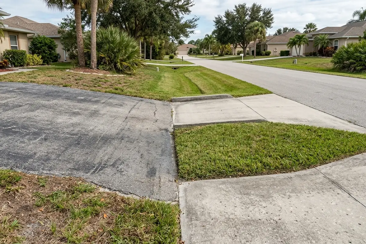 Illustrative driveway transition beside a Southwest Florida roadside swale