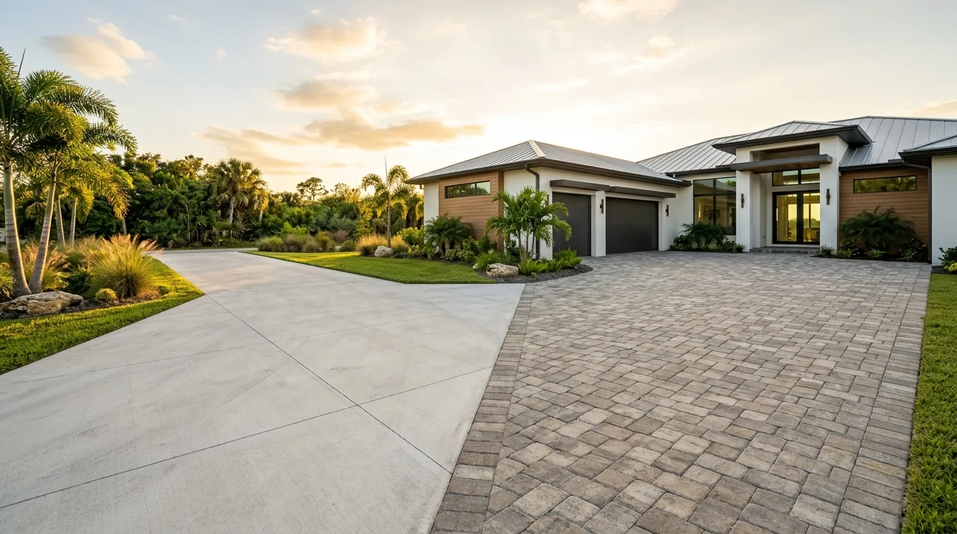 Concrete driveway and paver driveway comparison at a Southwest Florida home