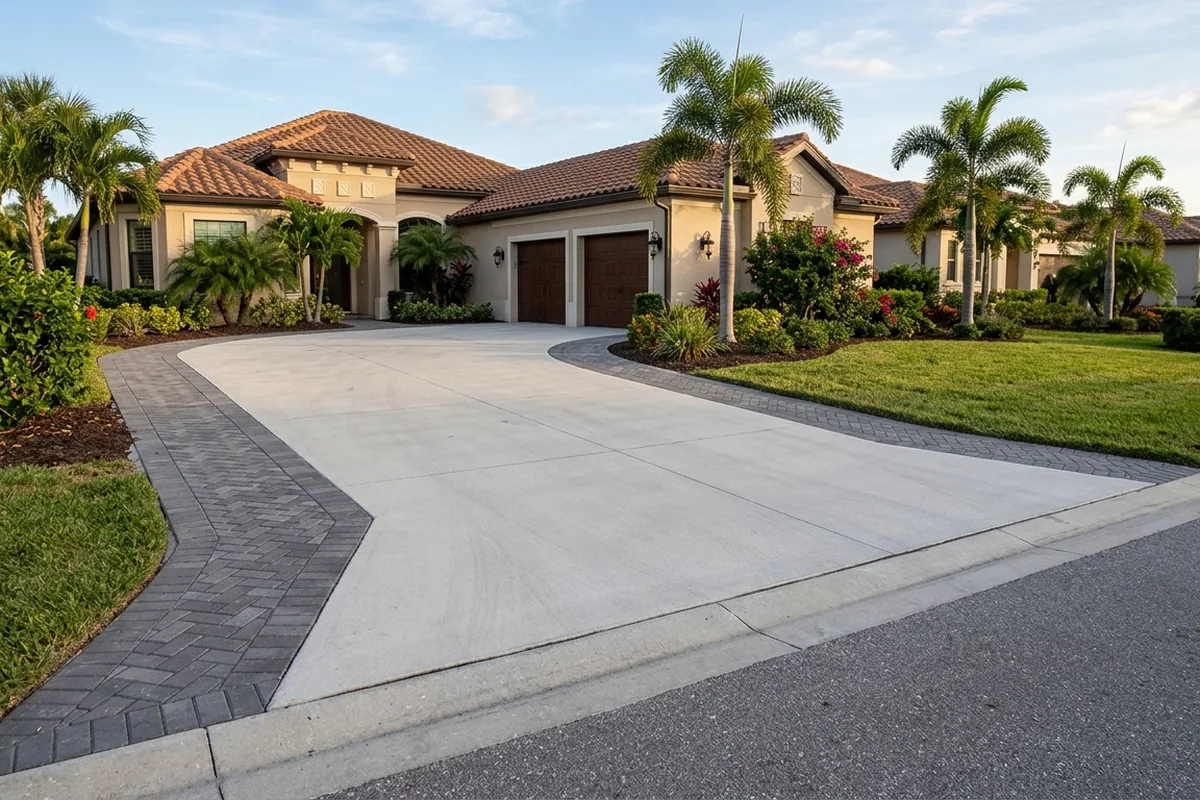 Illustrative concrete driveway with contrasting paver edging