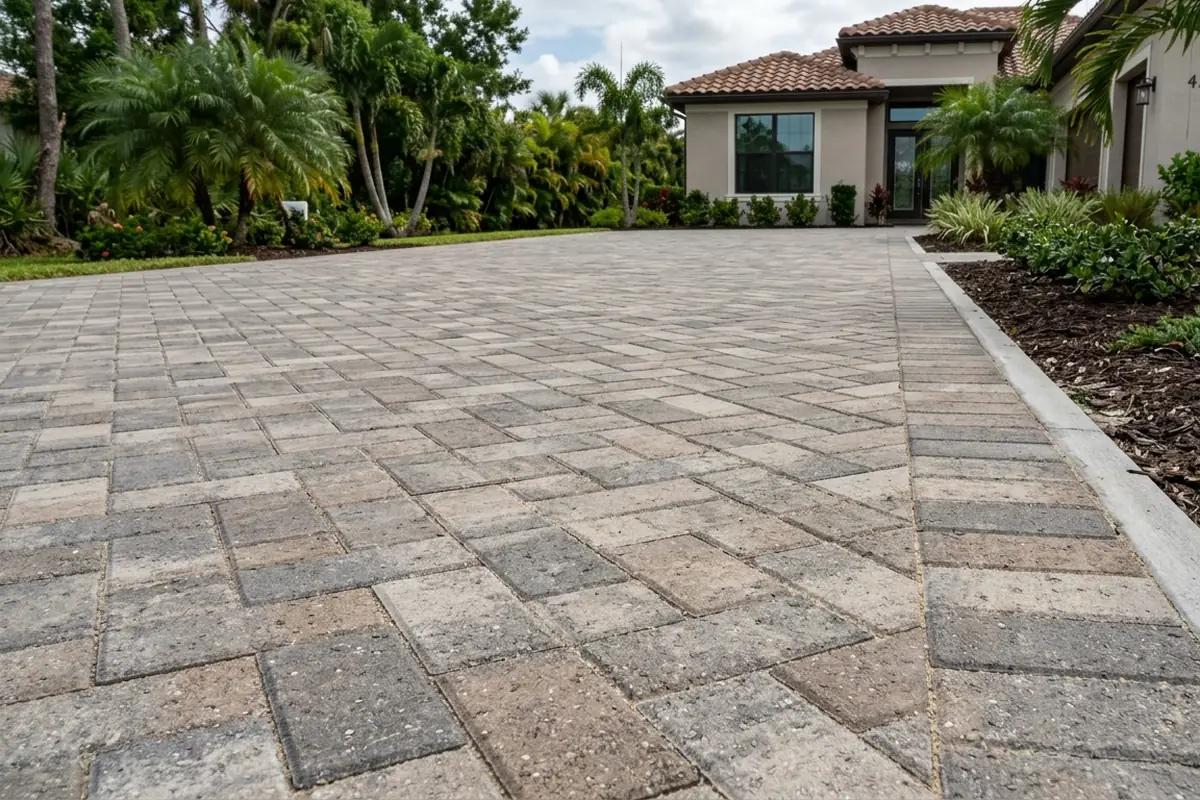 Illustrative interlocking paver driveway joints and edge-restraint detail